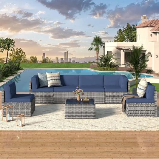 7 Piece Outdoor Patio Furniture Set PE Rattan Grey Wicker Sectional Chair Set with Cushion