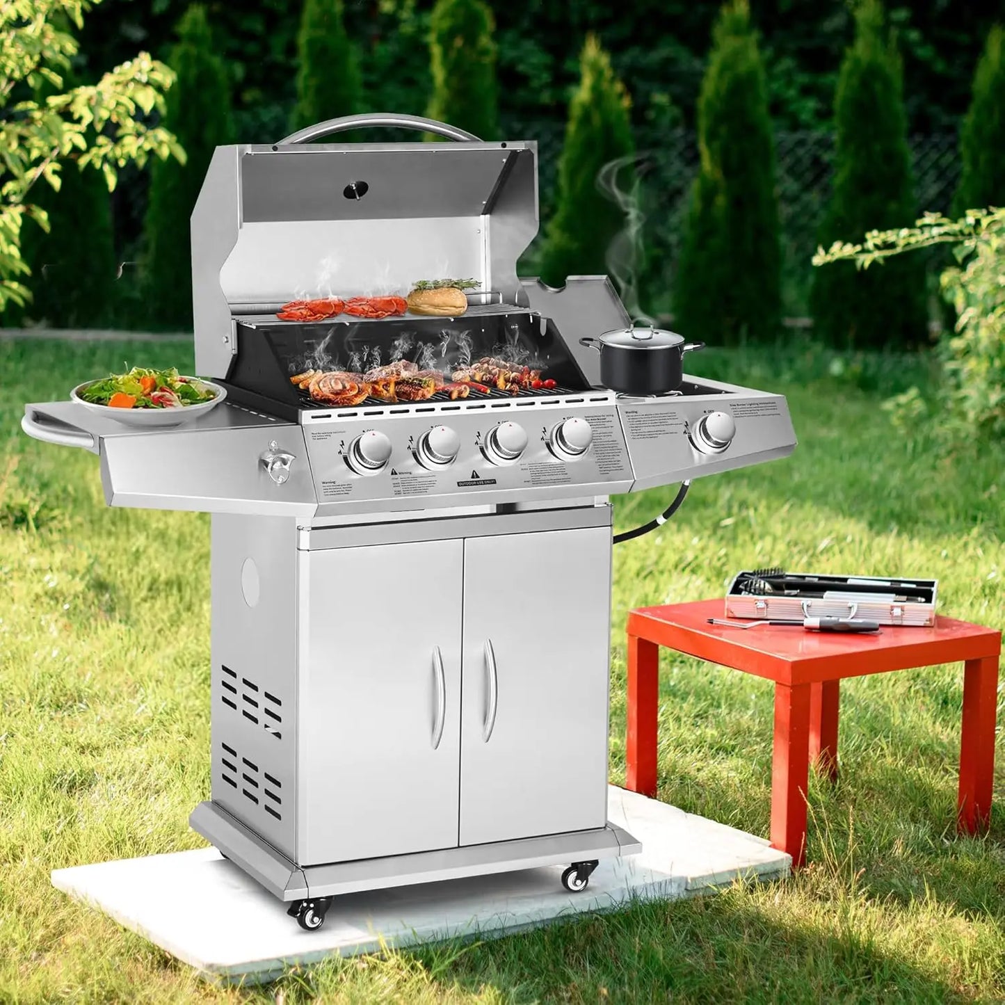Stainless Steel Propane Gas Grill With Side Burner For Outdoor Cooking