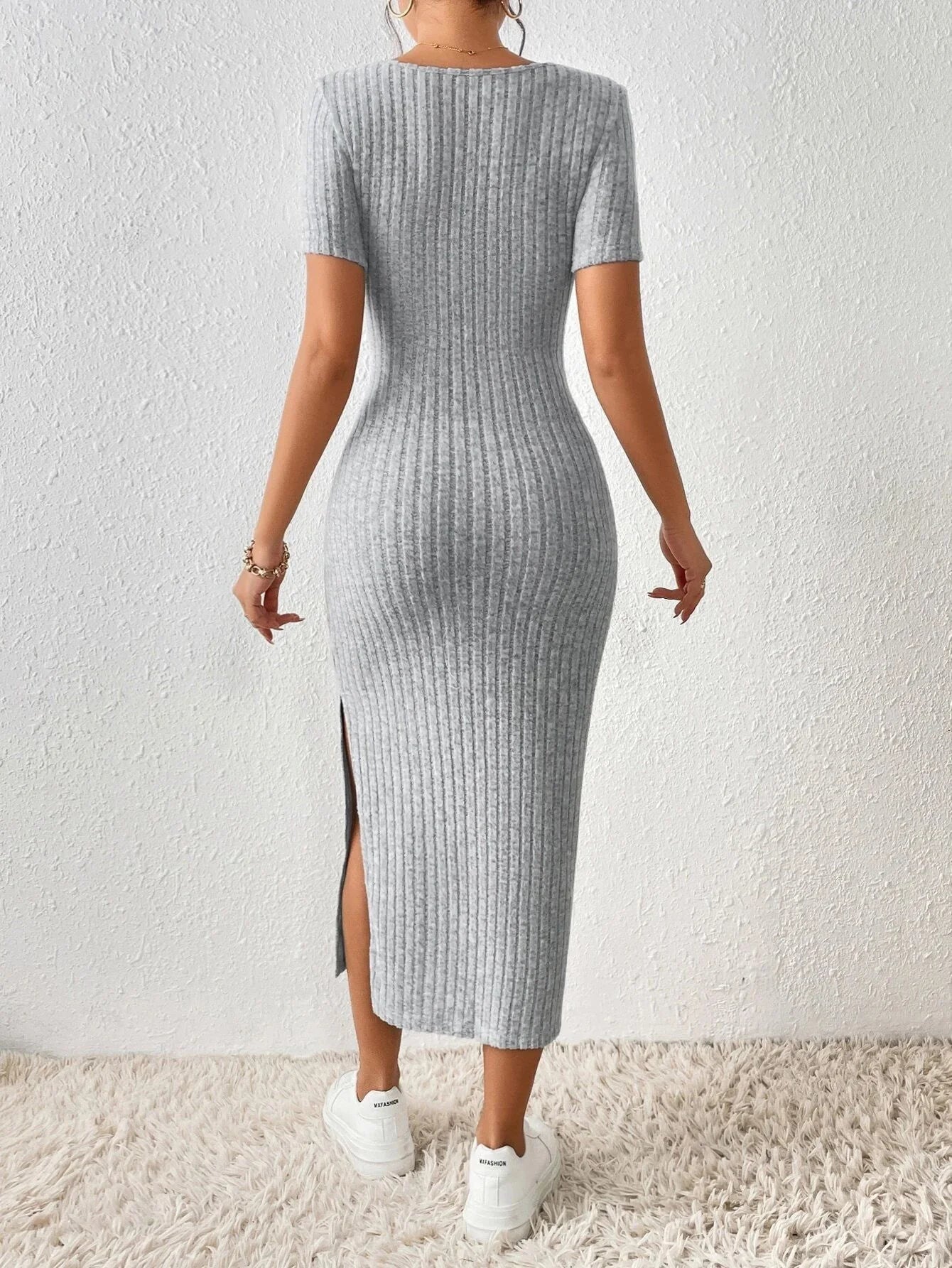 Women Knitted Casual Dress with Square Collar and Side Slit