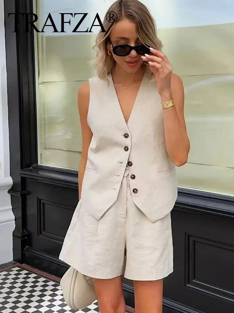 TRAFZA Women Casual Vintage Pant Suit Vest Shorts Set