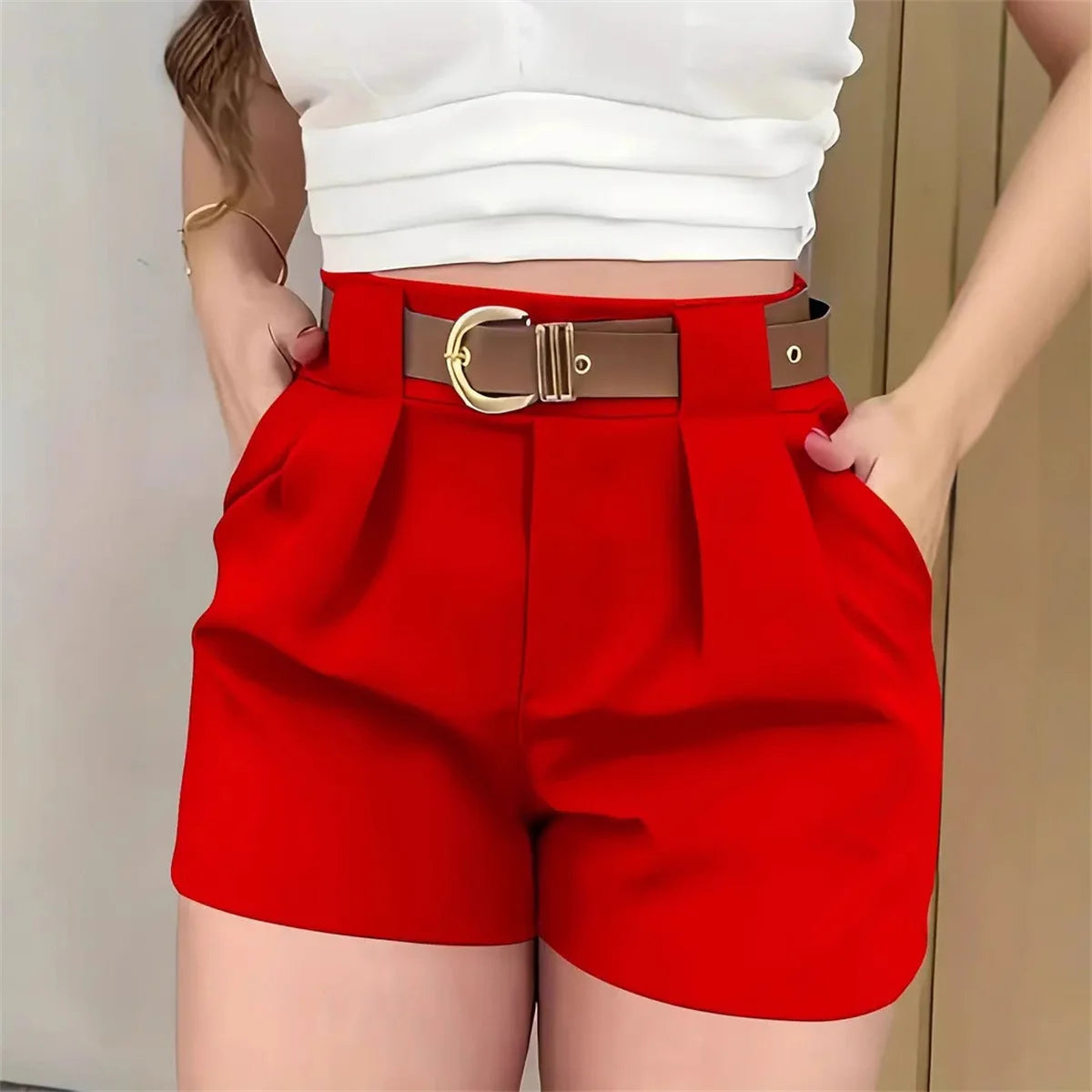 DOHTIH Women High Waist Belted Shorts Elegant Casual Pants