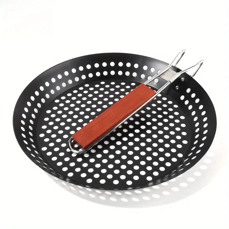 Round BBQ Grill Basket with Folding Handle for Outdoor Cooking