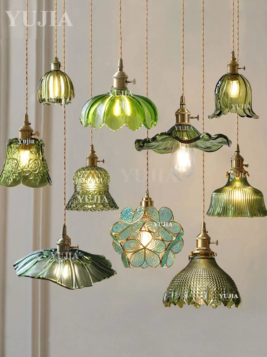 Multi Style Green Glass Pendant Light Vintage Light Fixtures Modern Chandelier Lamp for Kitchen Island