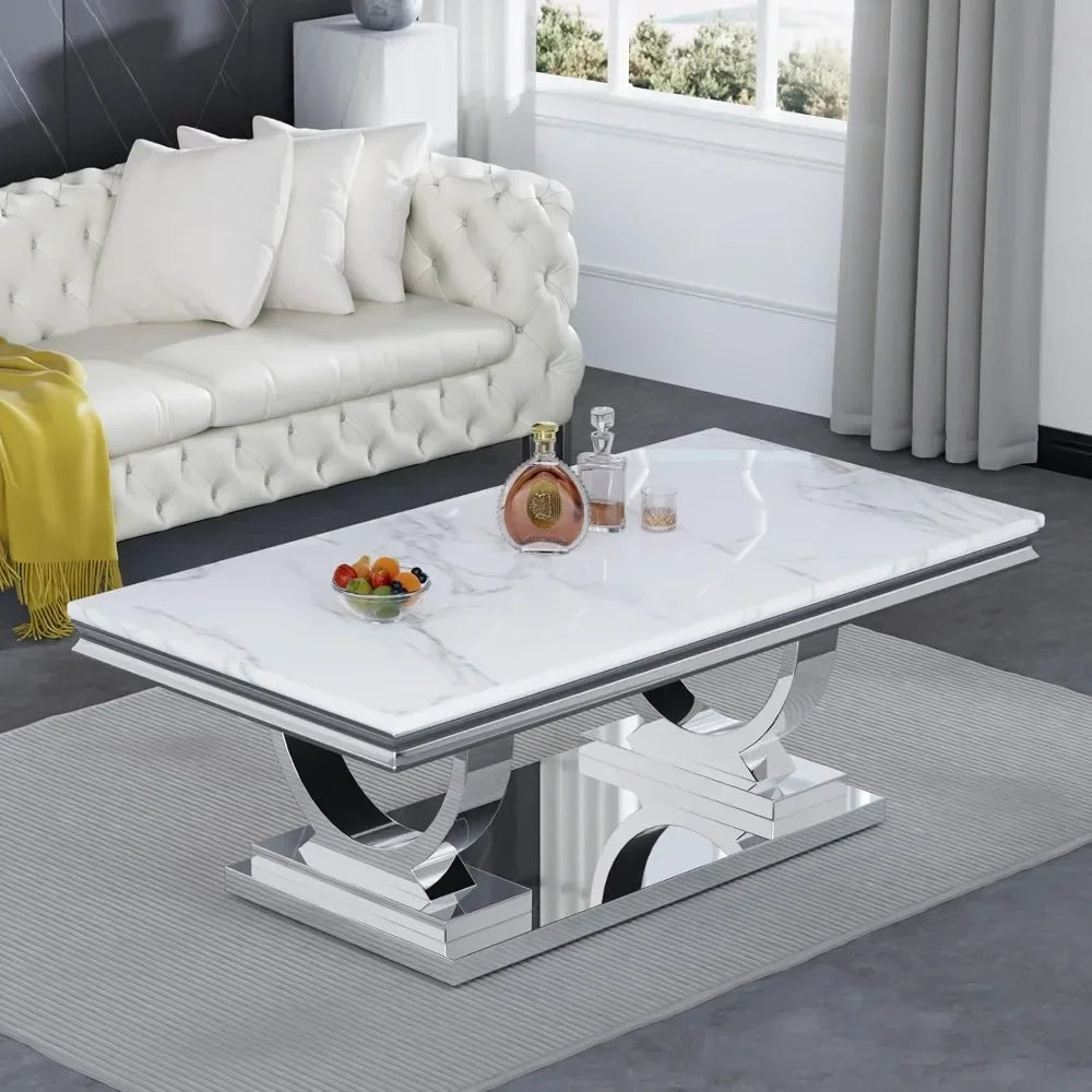 47 Inch Rectangular Coffee Table Modern White Faux Marble Cocktail Table with Silver Mirrored Finish U Shape Stainless Steel Base