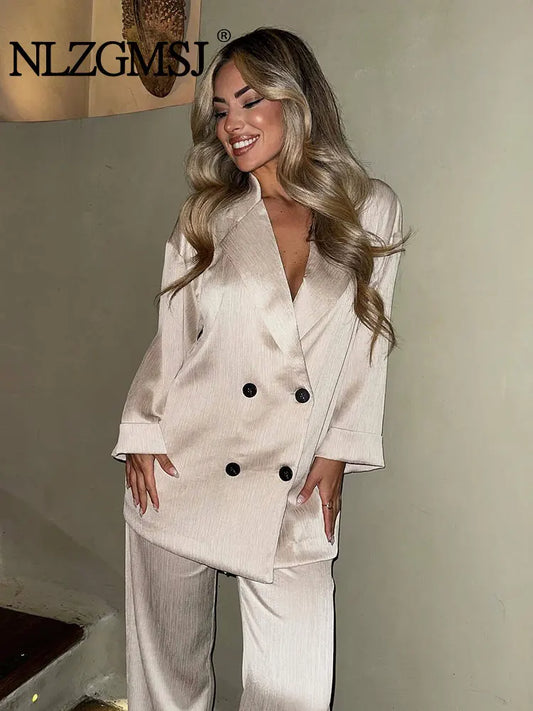 Casual Double Breasted Blazer And Wide Leg Trousers Set