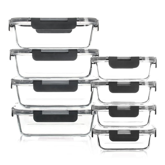 8 Piece Glass Food Storage Containers Set BPA Free Leakproof Microwave and Oven Safe Borosilicate Glass Lock Lid