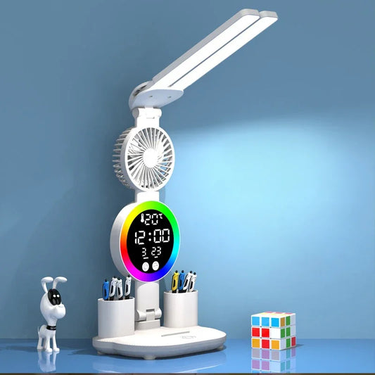 Rechargeable LED Table Lamp with Clock and Fan Features