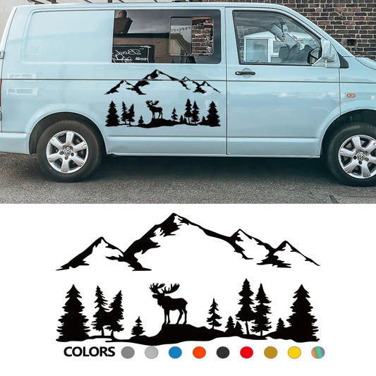Car Stickers For Motorhome Horsebox Caravan RV Camper Van Outdoor Graphics Moose Trees Forest Mountain Silhouette Decal