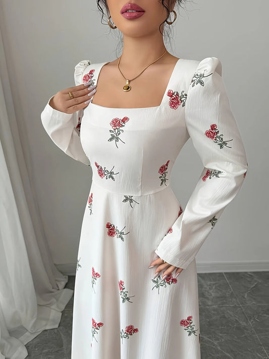 Elegant White Rose Print Prom Dress with Bow and Long Sleeves