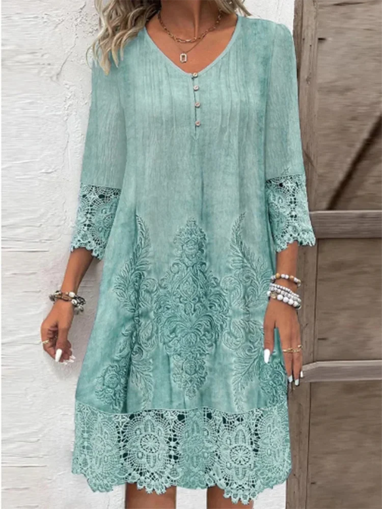 INPETAL Lace Printed Short Sleeve V Neck Dress For Women