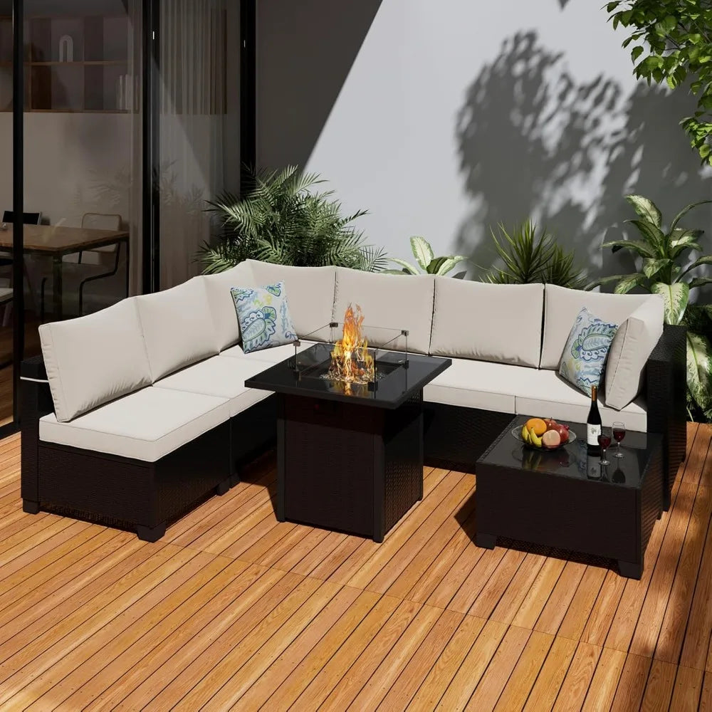 8 Pieces Outdoor Sectional Furniture Rattan Wicker Patio Sofa Couch with 28 Inch Gas Fire Pit Table Conversation Set for Backyard
