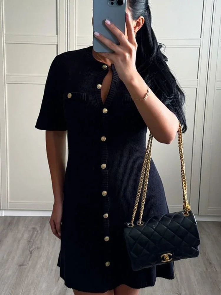 Tornova Knit Mini Dress Women Short Sleeve Patchwork Pocket