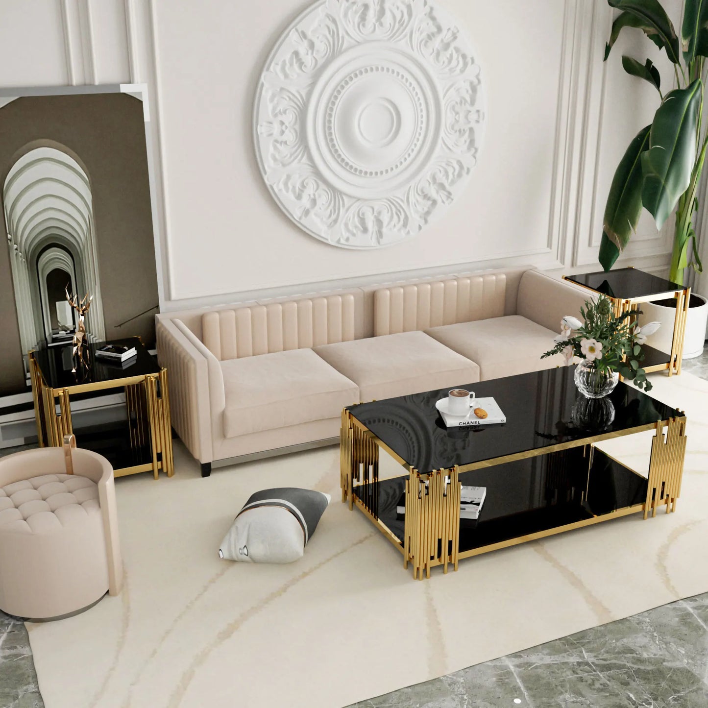 Stainless Steel Rectangle Coffee Table with Black Tempered Glass 51.18 Inch Modern Center Table Gold Legs for Living Room