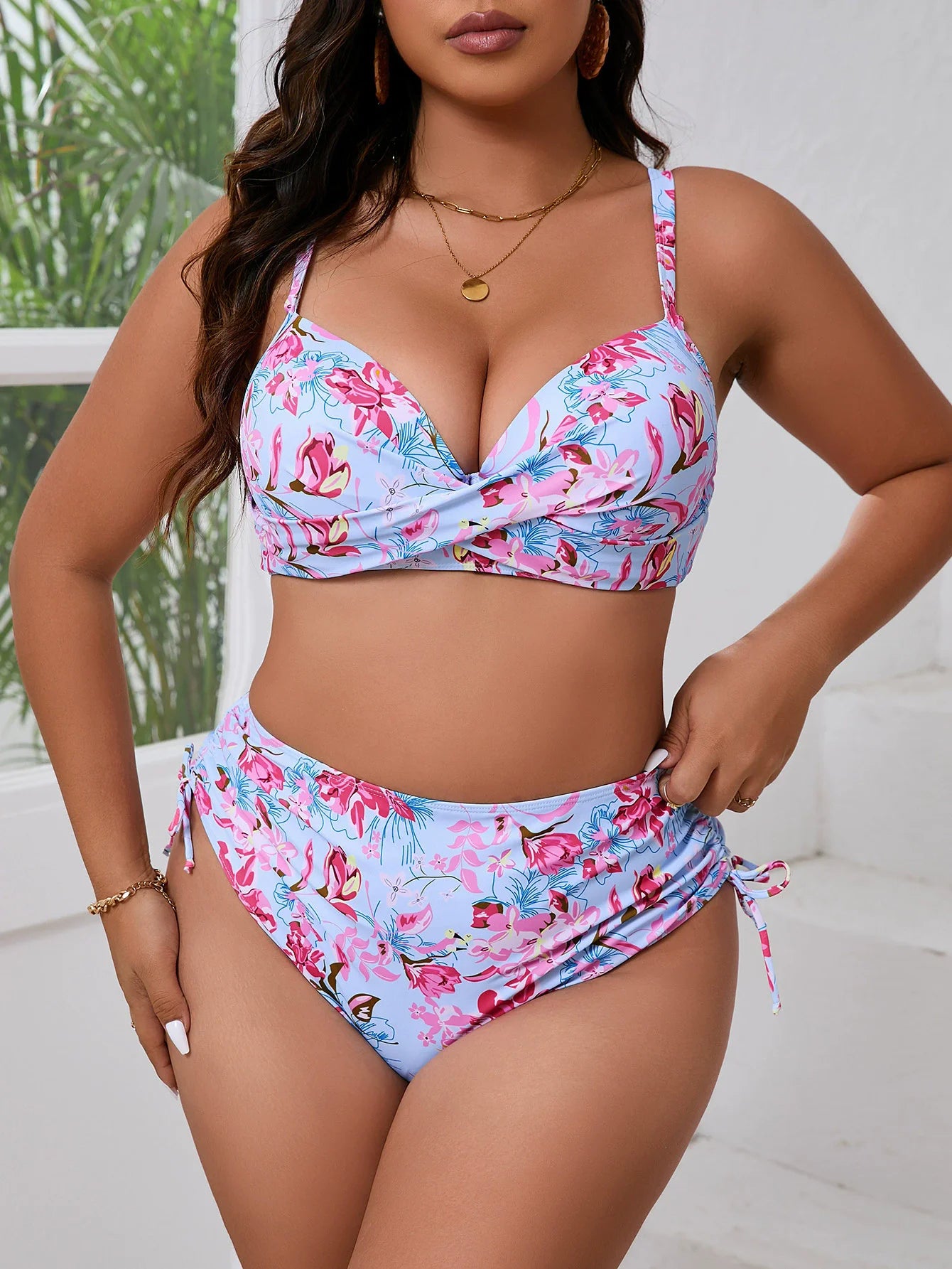 Floral Print Plus Size Two Piece Swimsuit Bikini Set