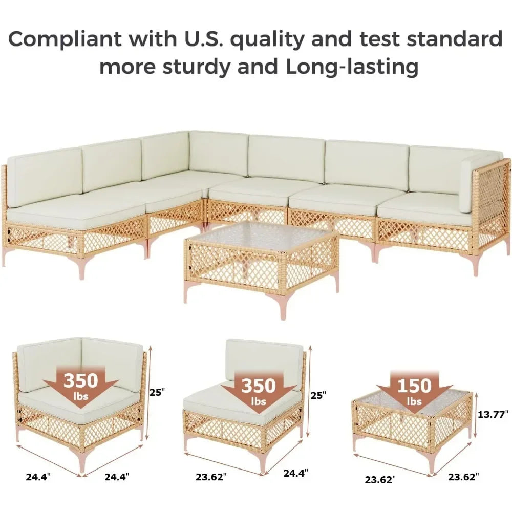 7 Piece Wicker Patio Furniture Set with Glass Table