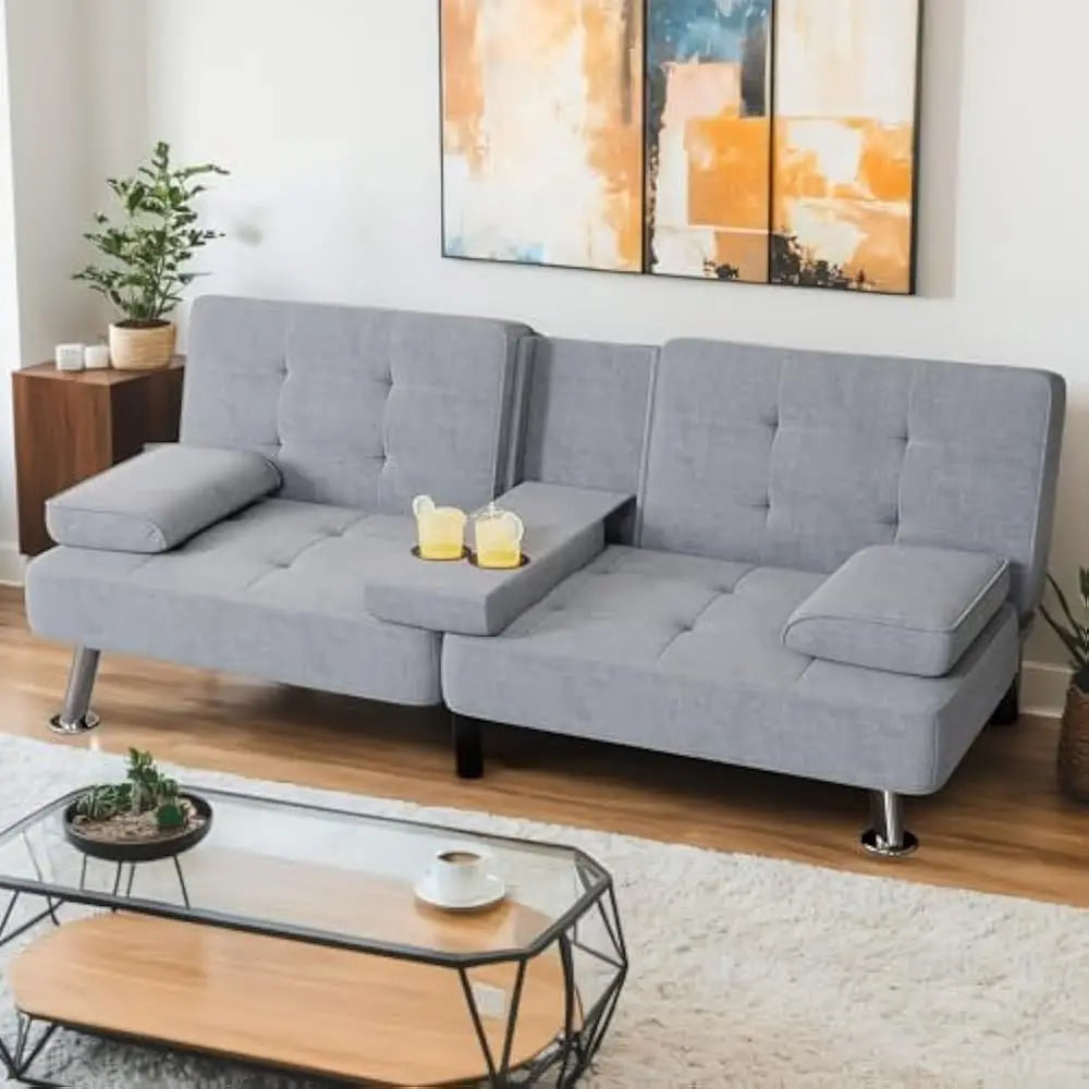 Convertible Sofa Bed with Removable Armrests and Cup Holders