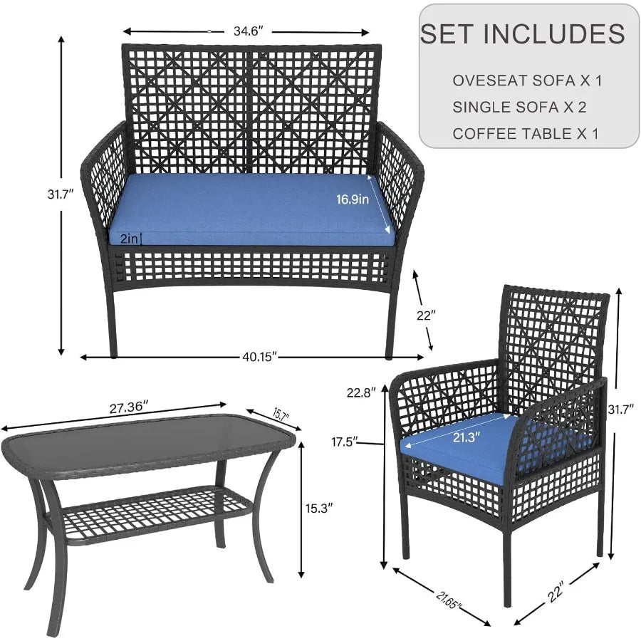 Hign Concerned 4 Piece PE Rattan Set Glass Table Cushions