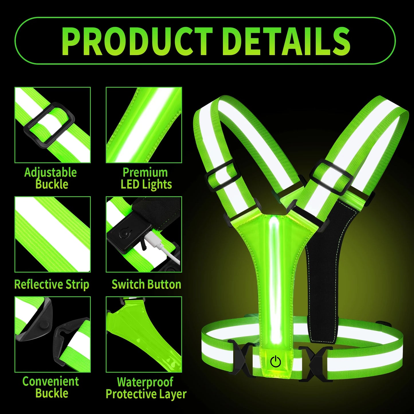 Adjustable Reflective Security Vests High Visibility Rechargeable Running Gear for Outdoor Night Runners and Cyclists