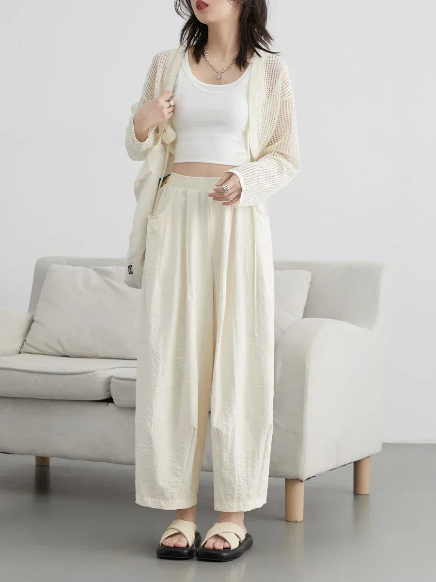 Chic Ven Pleated Wide Leg Women Pants With Elastic Waist