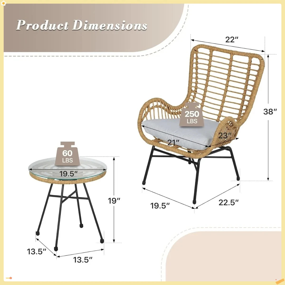 Folded 3 Piece Outdoor Patio Furniture Set Rattan Table And Chairs With Cushions