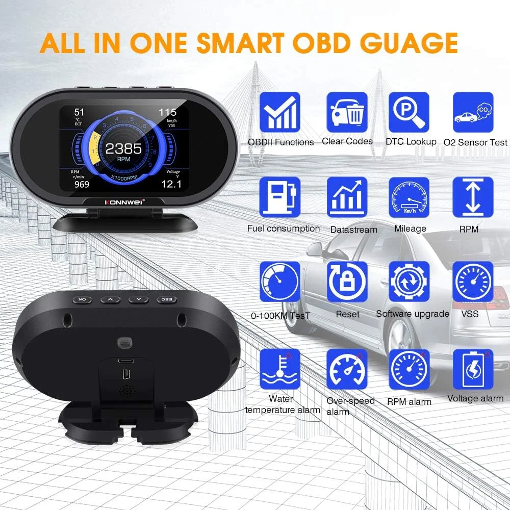 2025 KONNWEI KW206 OBD2 Scanner Car Digital On Board Computer LCD Display Fuel Consumption Water Temperature Gauge Speedometer