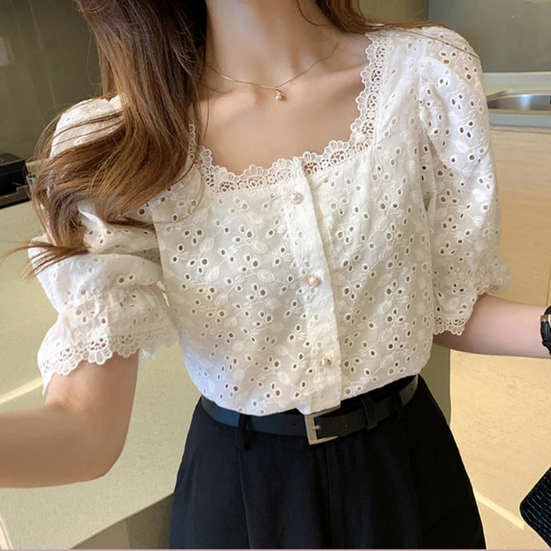 MagesuekCN Lace Hollow Out Blouse Square Collar Top
