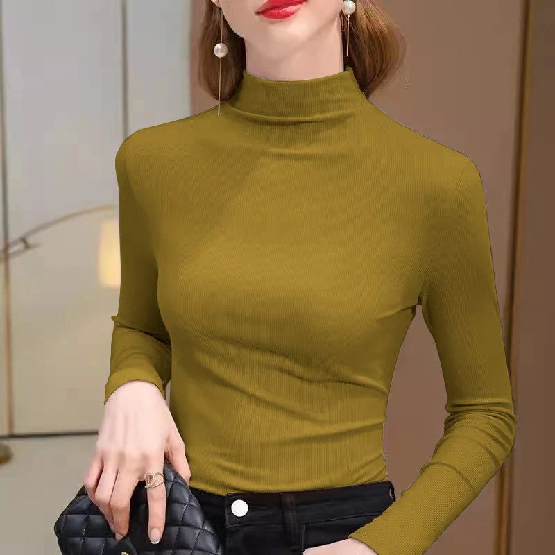 Women's High Collar Elastic Ribbed Long Sleeve Casual Top