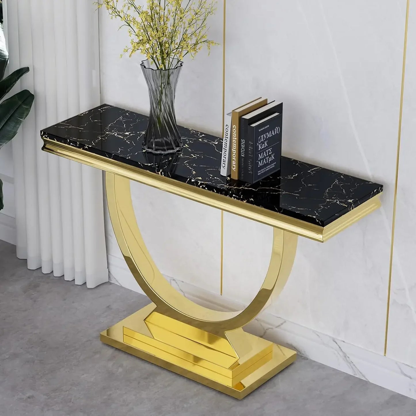 47 Inch Rectangular Coffee Table Modern White Faux Marble Cocktail Table with Silver Mirrored Finish U Shape Stainless Steel Base