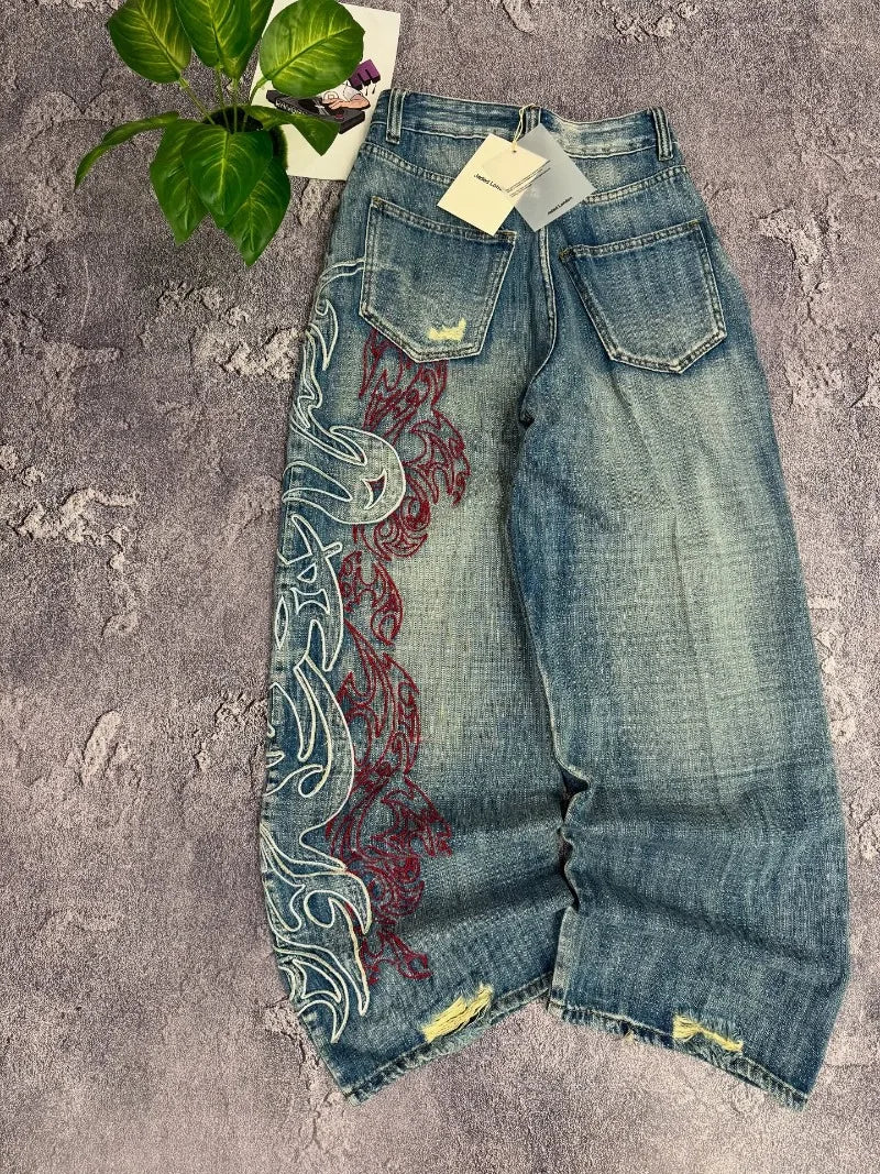 Streetwear Embroidered Baggy Jeans Women High Waist Wide Leg