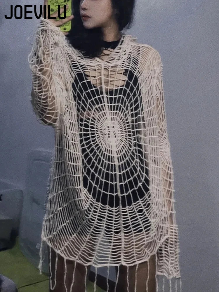 JOEVILU Hollow Knit Hooded Top Spider Web Gothic Sweater