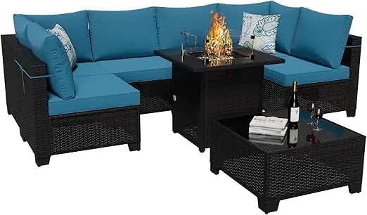 8 Pieces Outdoor Sectional Furniture Rattan Wicker Patio Sofa Couch with 28 Inch Gas Fire Pit Table Conversation Set for Backyard