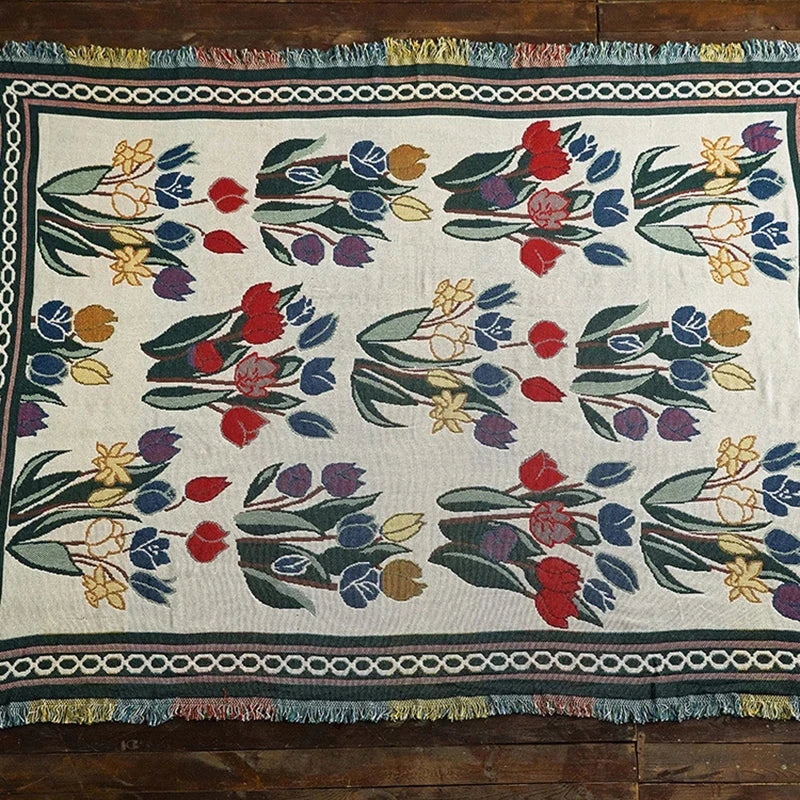 Tulip Flowers Vintage Throw Blanket Sofa Cover Knitted Bedspread Floral European Style Outdoor Camping Travel Cobija