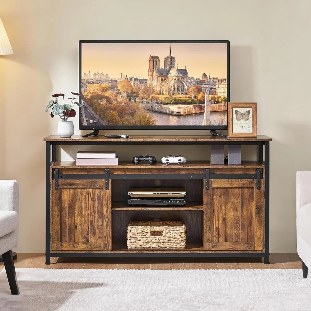 Farmhouse Style TV Stand With Storage And Sliding Doors
