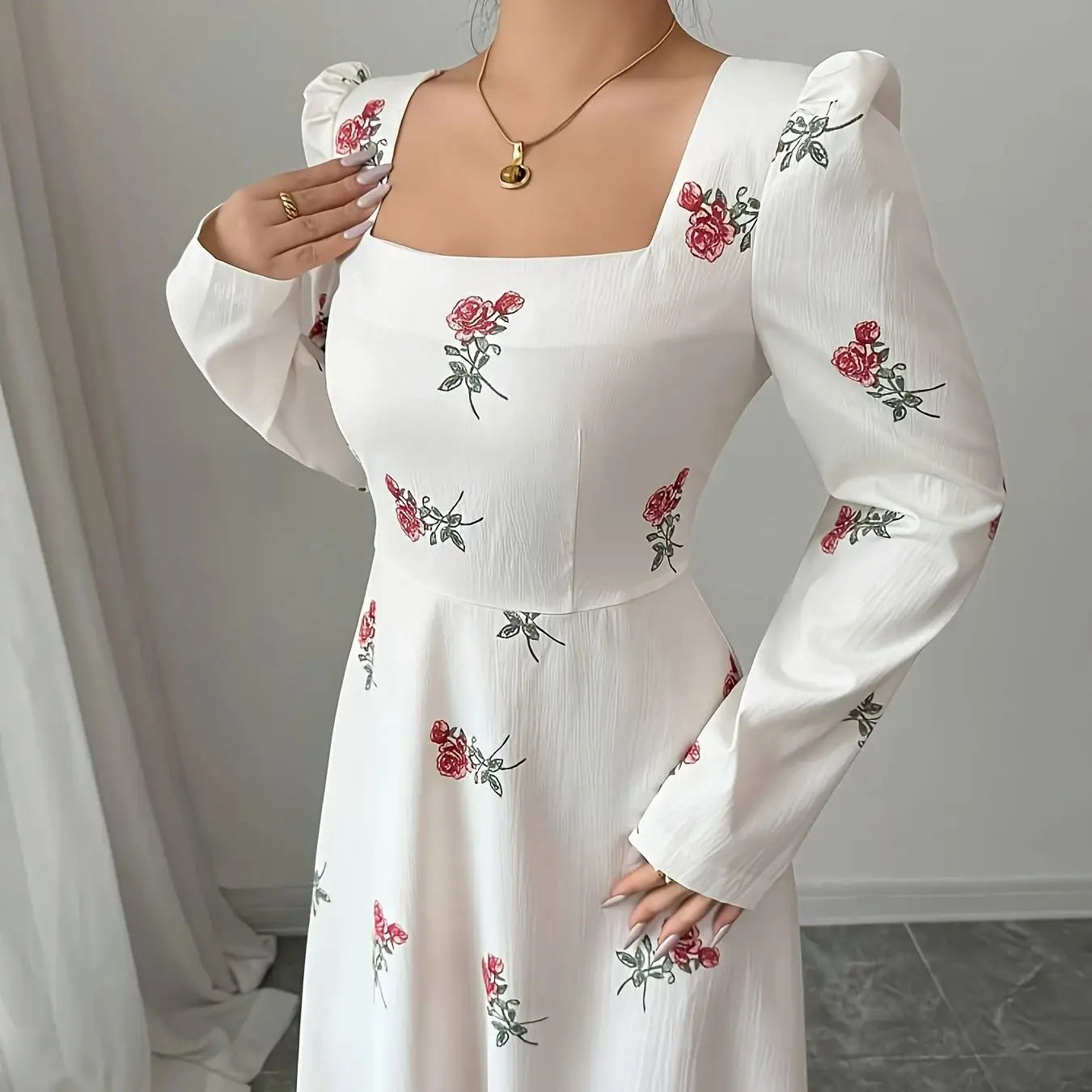 Elegant White Rose Print Prom Dress with Bow and Long Sleeves
