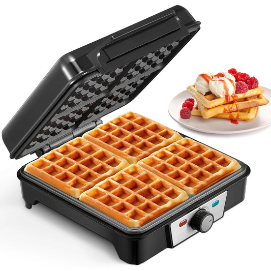 4 Slice Belgian Waffle Maker with 3 Browning Levels Nonstick Square Plates 1200 Watts Compact Design
