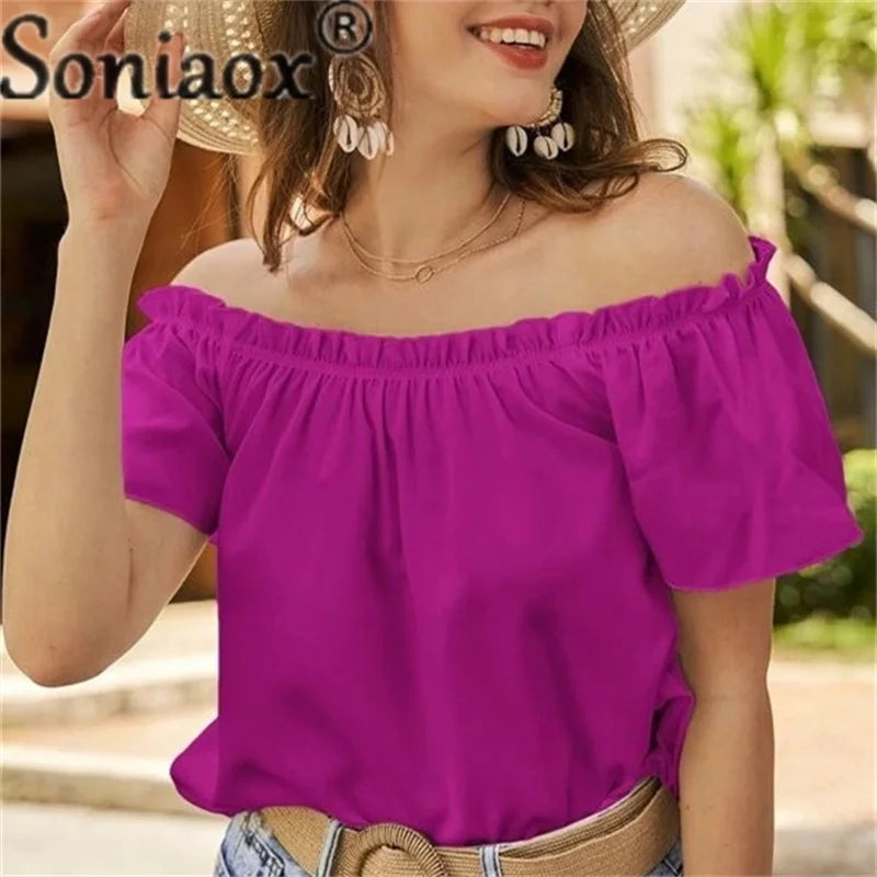 Soniaox Off Shoulder Pleated Shirt With Short Sleeves Summer