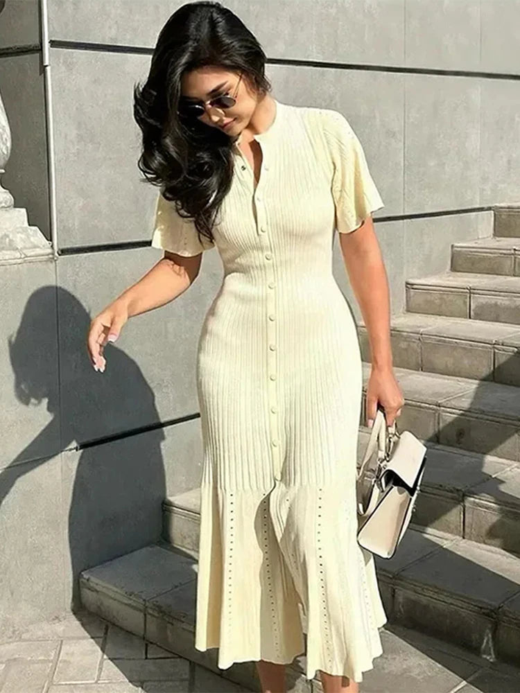 EBSTLCN Elegant Knitted Dress Women O Neck Short Sleeve