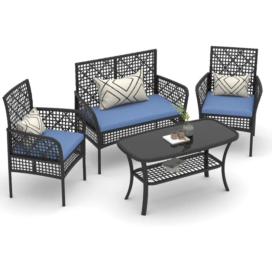Hign Concerned 4 Piece PE Rattan Set Glass Table Cushions