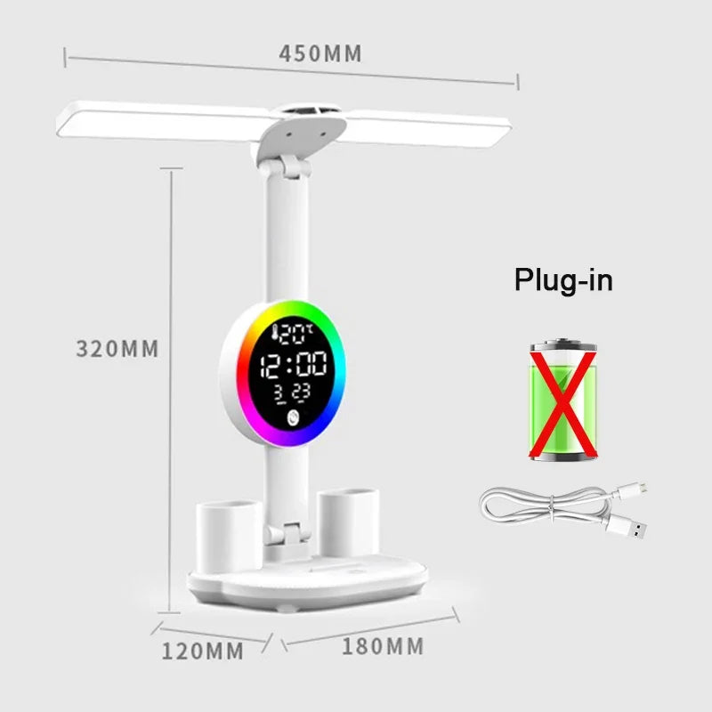 Rechargeable LED Table Lamp with Clock and Fan Features