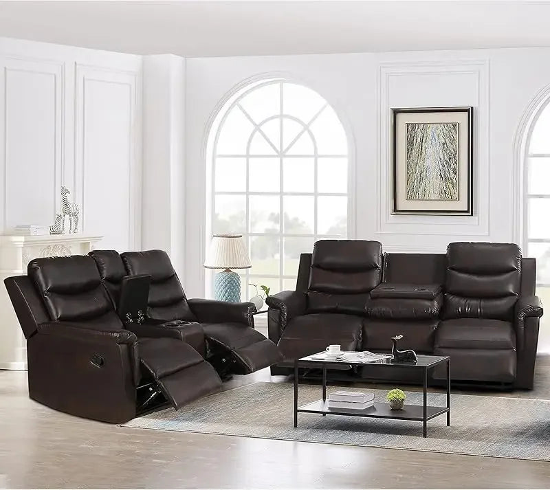 Comfy Scandinavian Leather Sofa Set with Recliners and Cup Holders