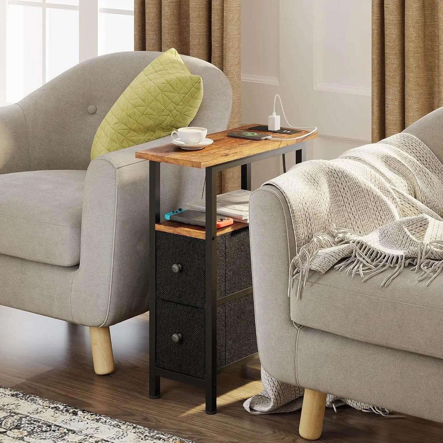 Slim Side Table with Two Fabric Drawers and LED Lights for Bedroom and Living Room