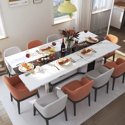 71 Inch Large Rectangular White Dining Table for 4 to 10 People Modern Family Dinner Table with Marble Color Wood Top and Metal Legs
