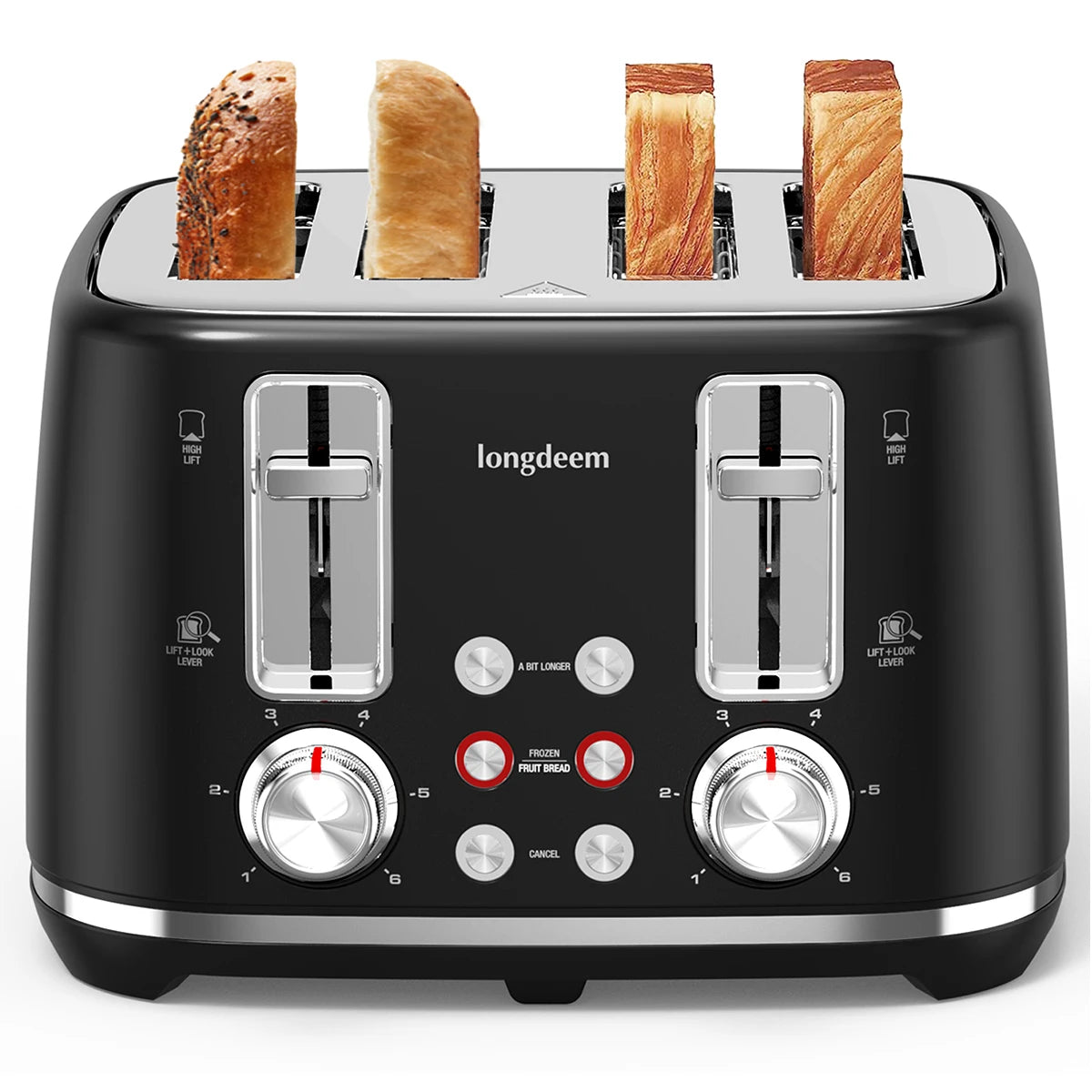 4 Slice Toaster with 1.5 Inch Extra Wide Stainless Steel Slots Dual Controls Removable Crumb Tray and 6 Shade Settings in Black