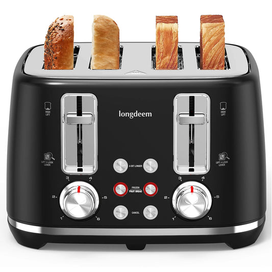 4 Slice Toaster with 1.5 Inch Extra Wide Stainless Steel Slots Dual Controls Removable Crumb Tray and 6 Shade Settings in Black