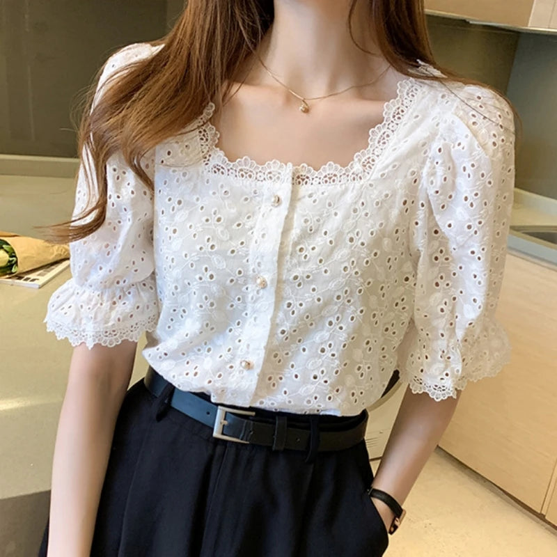 MagesuekCN Lace Hollow Out Blouse Square Collar Top