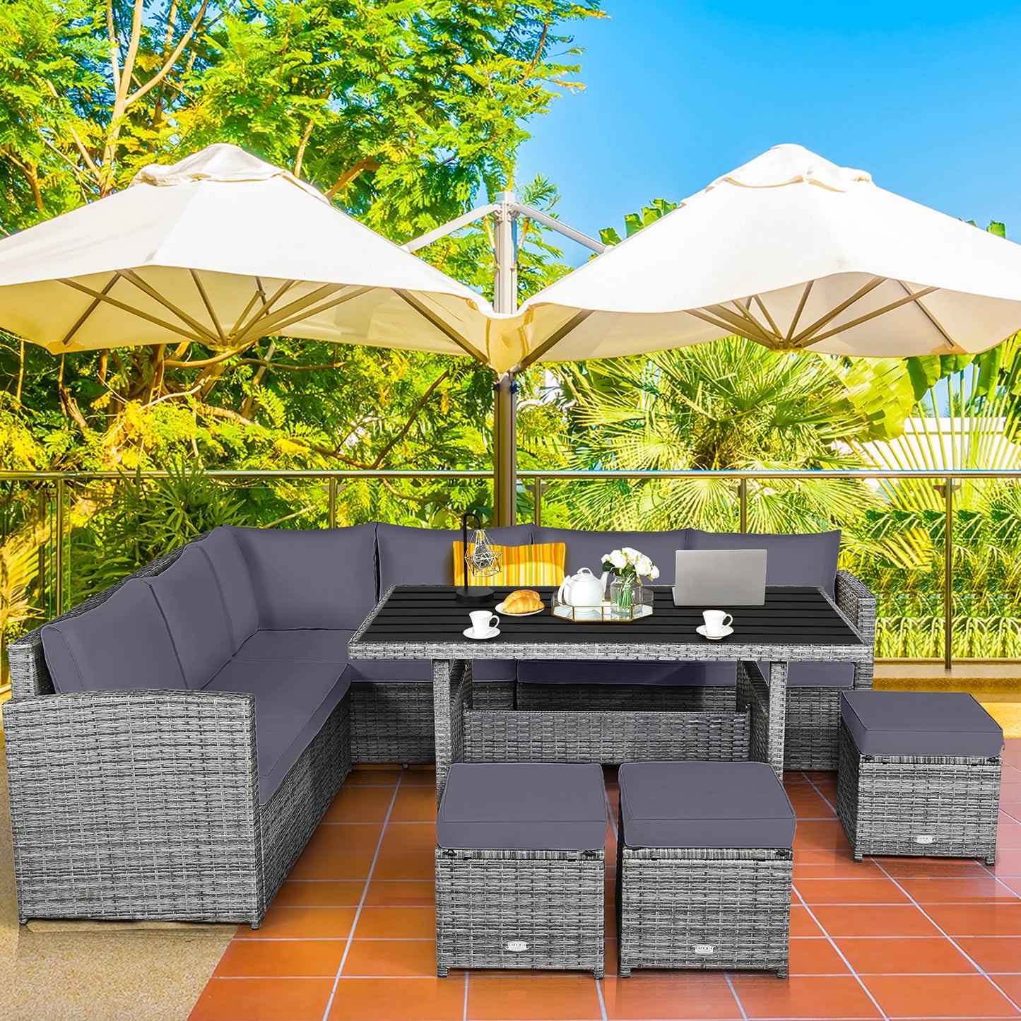 Homasis 7 Piece Patio Rattan Dining Set With Sectional Sofa