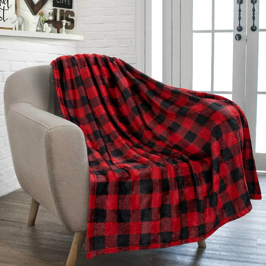 1PC Black And Red Plaid Flannel Throw Blanket Warm Soft Checkered Plaid Christmas Couch Cozy Decorative Gift