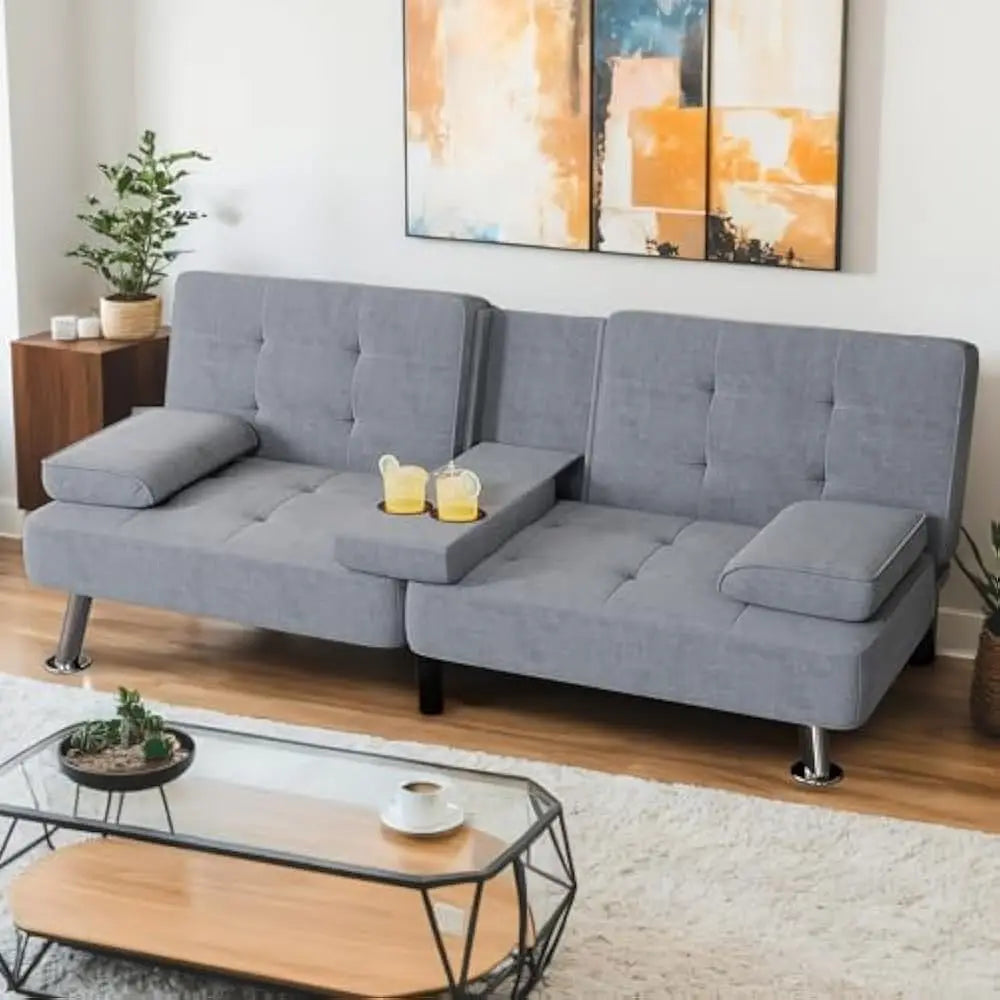 Convertible Sofa Bed with Removable Armrests and Cup Holders
