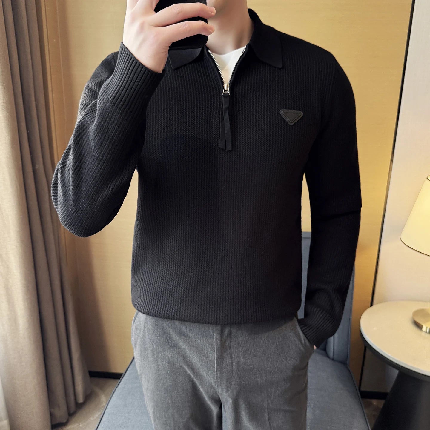 QUHNBGYCN Mens Half Zip Lapel Knit Sweater Slim Fit Pullover