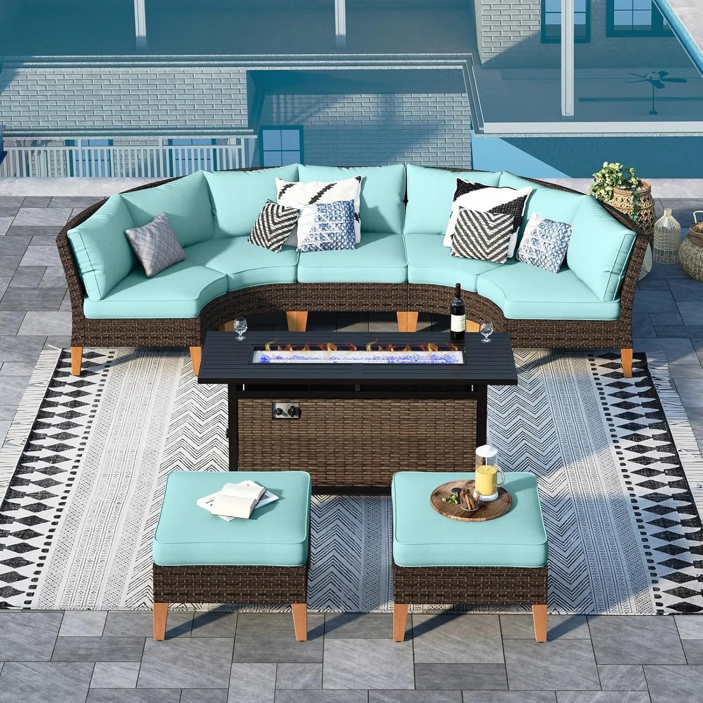 12 Piece Curved Outdoor Sectional Sofa Set Rattan Patio Conversation Set Beige